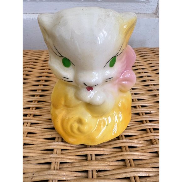 Vintage 50's Shawnee Pottery Yellow Cat Kitten Planter Vase - Picture 2 of 10